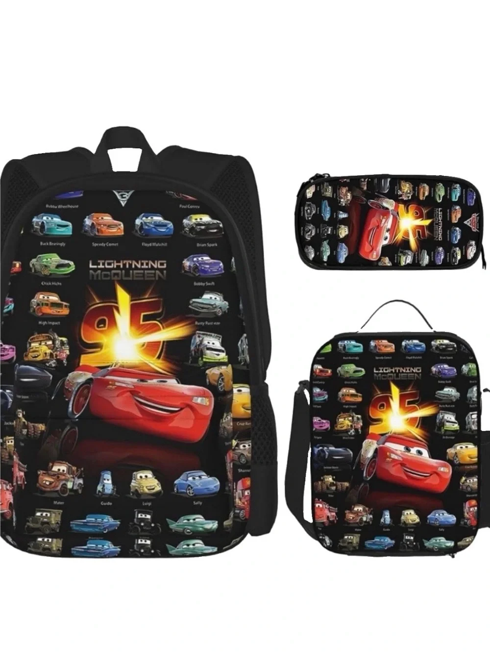 3 pc Cars 95 Lightning McQueen School Backpack, Lunch Box/Bag & Pencil Case New!